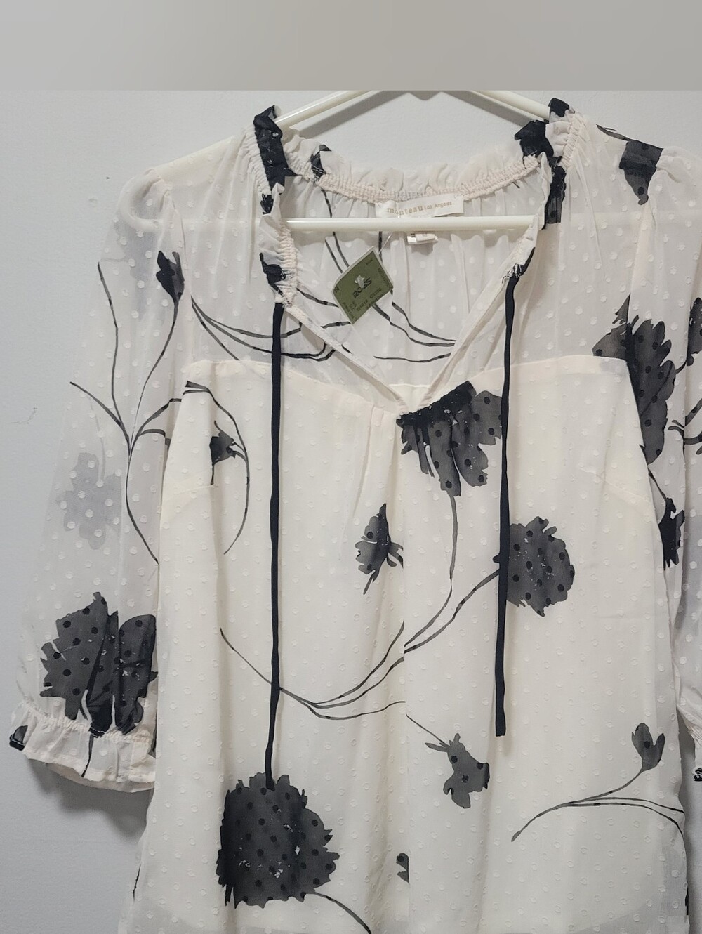 Monteau White Peasant Blouse with Black Floral Print